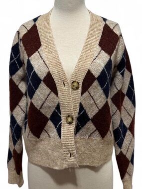 Argyle Knit Button-Front Cardigan Sweater - Beige, Brown & Navy